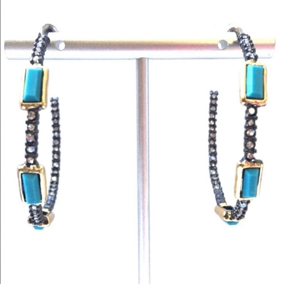 Alexis Bittar Lightweight Turquoise Black Gold Baguette Punk Hoop Post Earrings - Picture 4 of 9